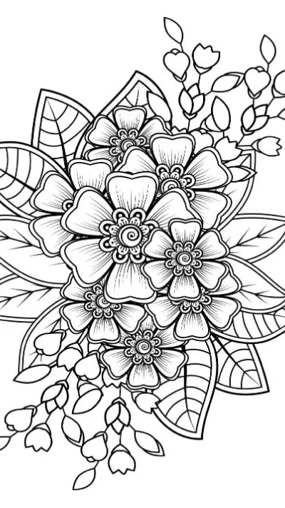 A beautiful floral bouquet with decorative leaves and blooming buds coloring page.