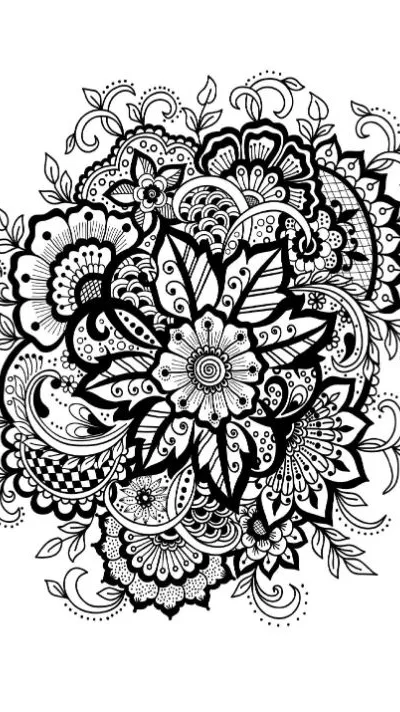 Intricate floral henna-style design with many detailed petals and leaves coloring page.