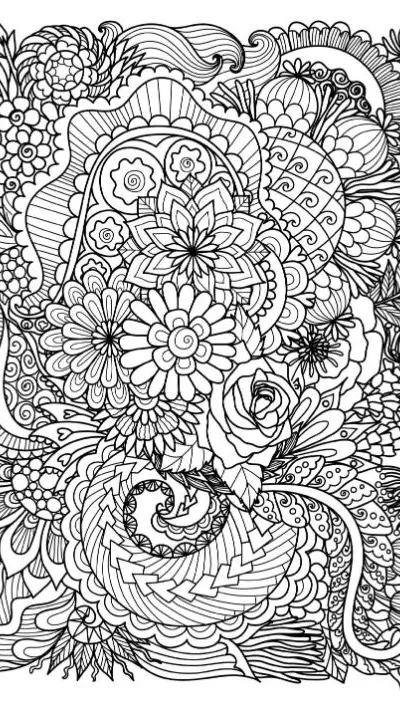 Intricate floral and botanical motifs fill this detailed adult coloring page.