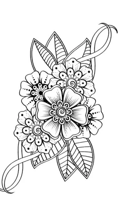 Detailed mehndi floral design with leaves and ribbon accents, coloring page.