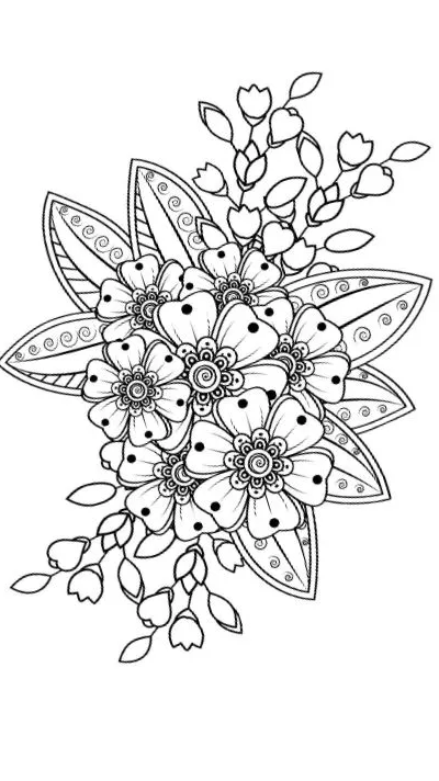 Mehendi floral bouquet with ornate flowers, leaves, and buds coloring page