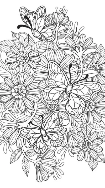 Butterflies and flowers with flowing petals intertwined in an intricate coloring page.