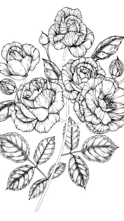 Detailed rose bouquet with many blooming flowers and leaves coloring page.