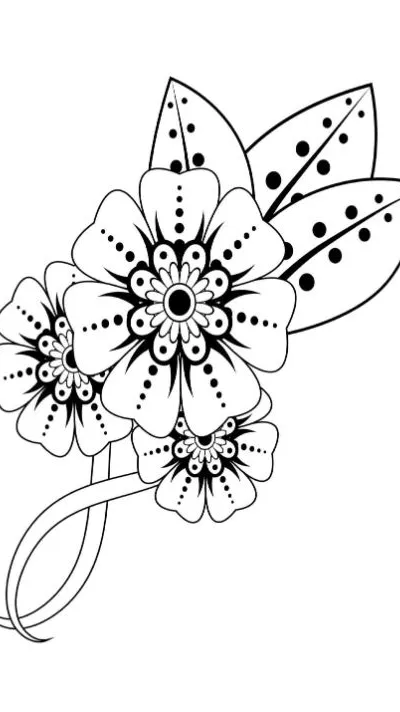 Intricate floral design with mehndi style dotted petals and leaves, coloring page.