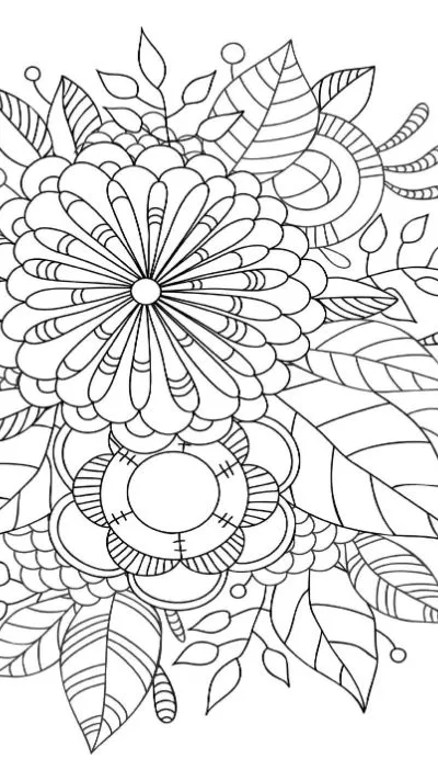 Detailed floral bouquet with large flowers and assorted leaves coloring page.