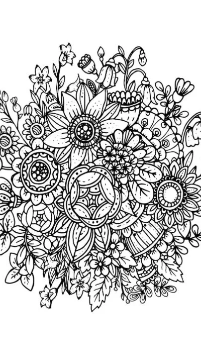 Detailed floral bouquet with intricate patterns and various blossoms coloring page.