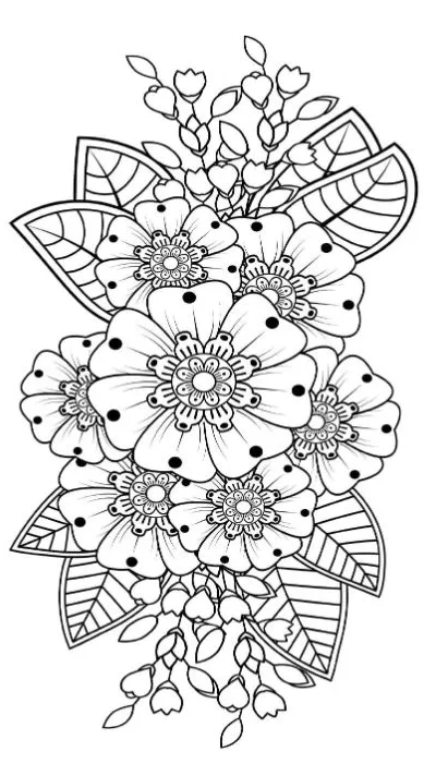 Floral composition with dotted petals and detailed leaves, bold and easy.