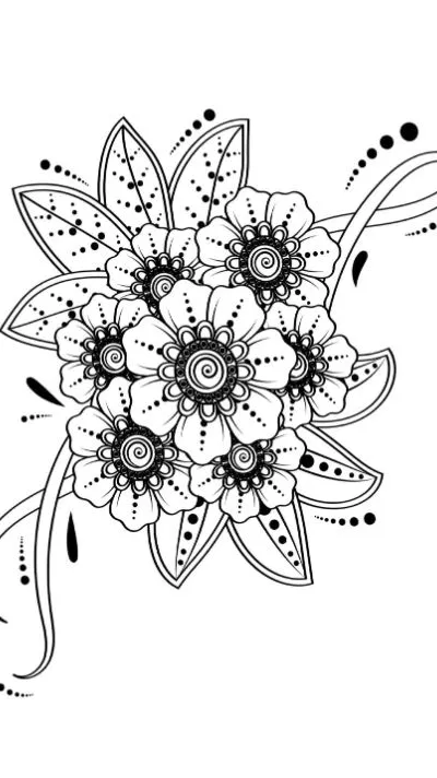 Botanical flowers with intricate petals, decorative leaves, and swirling accents coloring page.