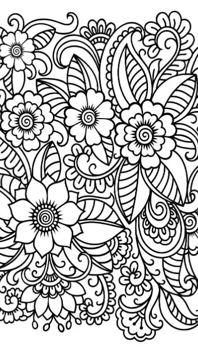 Intricate floral and paisley pattern fills this detailed adult coloring page.