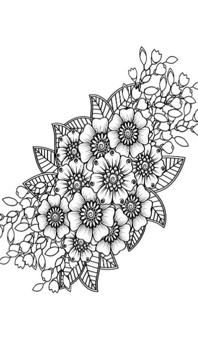 Elegant arrangement of detailed mehndi-style flowers, leaves, and buds coloring page.