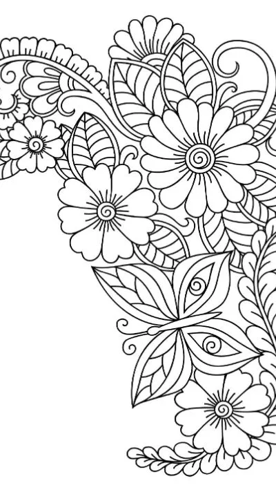Butterfly and flowers with swirling leaves and dotted details coloring page.