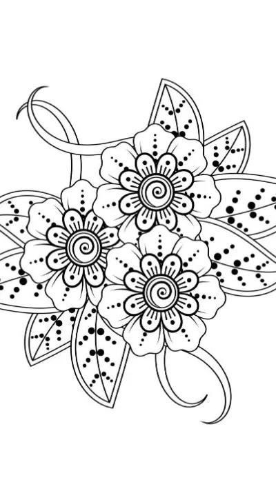 Three stylized flowers with dotted leaves and swirling embellishments, coloring page.