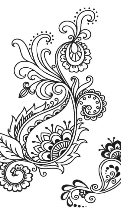 Ornate mehndi paisley design with swirling flourishes and intricate details, coloring page.