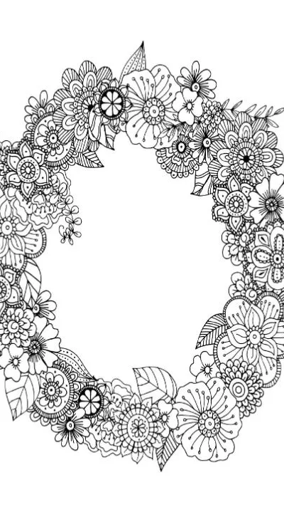 Intricate floral wreath with various blooming flowers and leaves, coloring page.