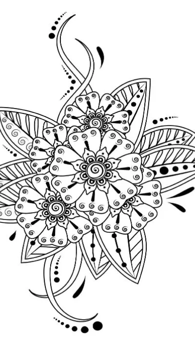 Henna-inspired flowers with swirling patterns and leaves, perfect for adult coloring page.