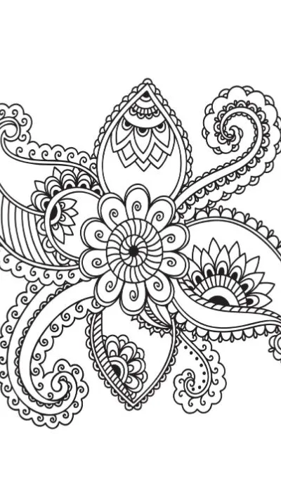 Intricate mehndi-style floral design with paisley elements and decorative swirls coloring page.