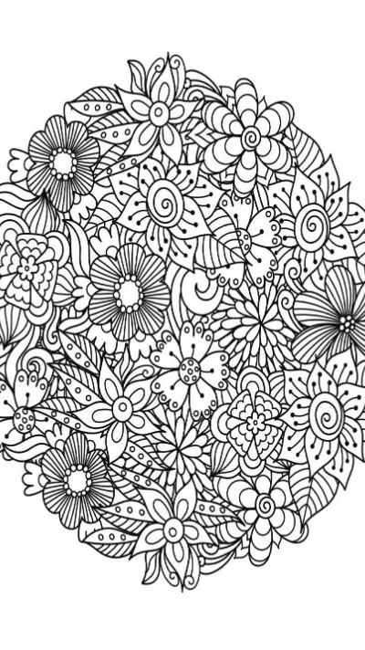 Detailed floral mandala with various flowers and leaves in a dense pattern, mandala