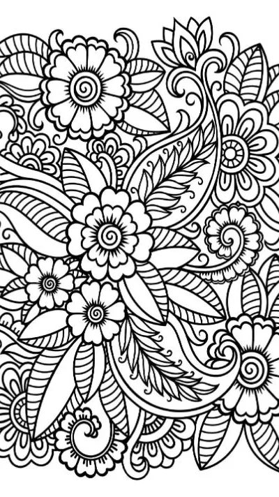 Intricate floral henna-style patterns with blooming flowers and swirling leaves coloring page.