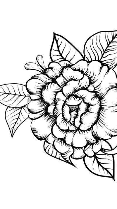 A lush, detailed rose with swirling petals and various leaves coloring page.