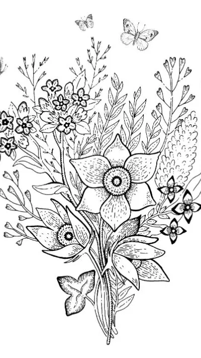 A beautiful floral bouquet with several butterflies flying overhead coloring page.