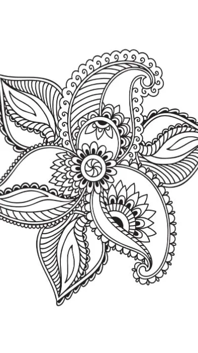 Henna-style flower with paisley and floral elements, an intricate coloring page.