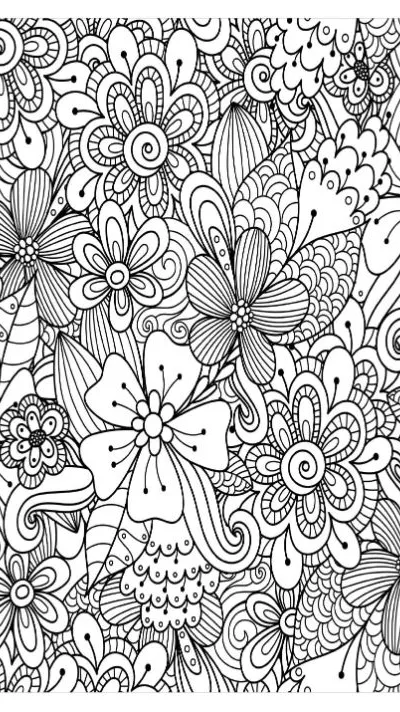 Intricate floral pattern with swirling leaves and dotted details, coloring page.