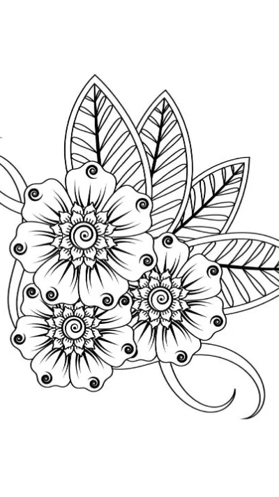 Stylized henna-style flowers and leaves with intricate patterns, perfect for mindful coloring page.