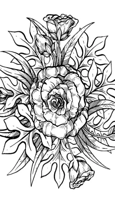 Floral bouquet of roses and intricate leaves, detailed line art coloring page.