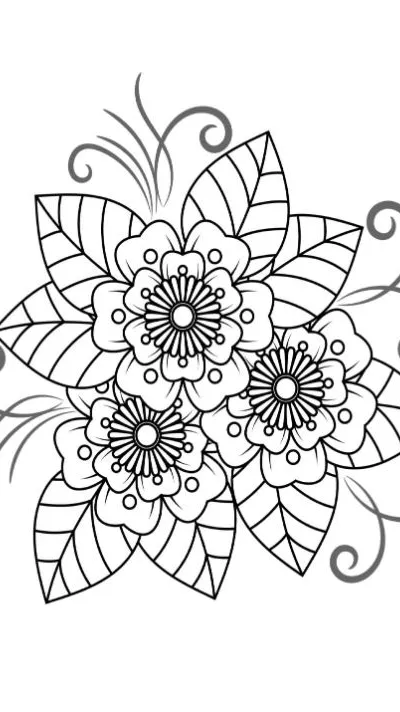 Three detailed mehndi-style flowers with prominent leaves and swirling tendrils coloring page.