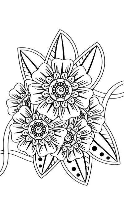 Detailed illustration of five mehndi-style flowers with leaves and swirling accents coloring page.