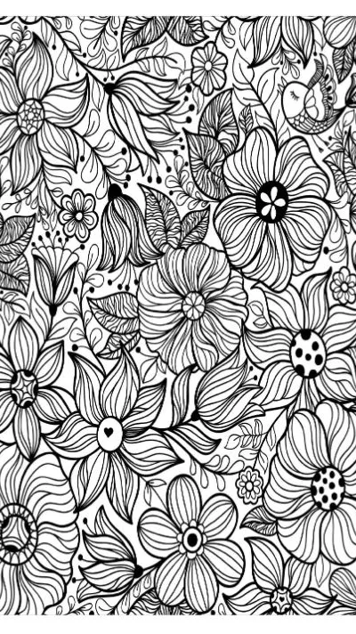 Intricate floral pattern with a hidden bird and heart, featuring delicate lines, coloring page.