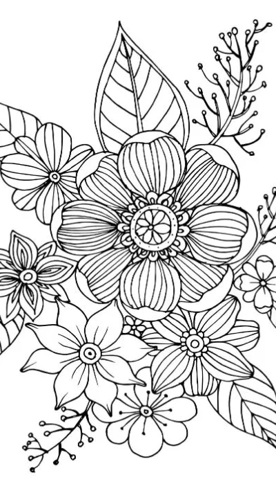 Detailed cluster of various flowers, leaves, and berry sprigs coloring page.