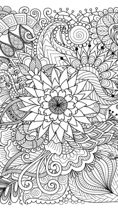 Detailed floral pattern with a large central flower and elegant swirls, coloring page.