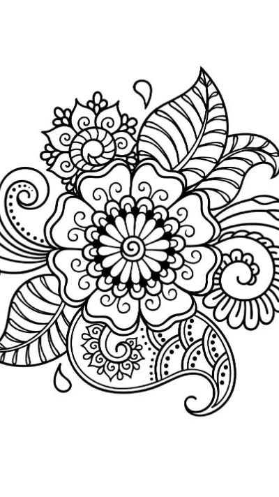 Intricate henna flower design with swirling leaves and dots coloring page.