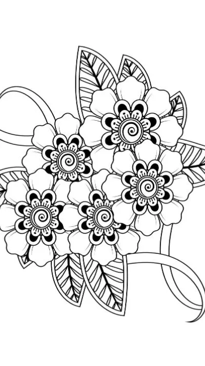 Group of stylized flowers with patterned centers and leaves, coloring page.