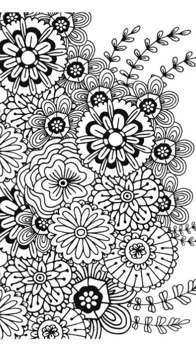 Whimsical floral design fills the page with various outlined blossoms, coloring page.