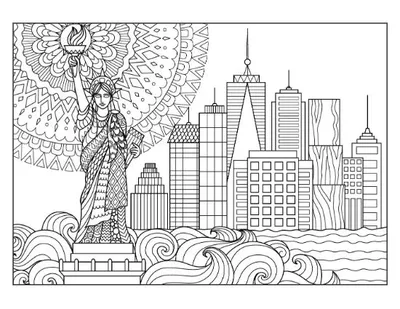 Statue of Liberty and NYC skyline with patterned mandala and water coloring page.