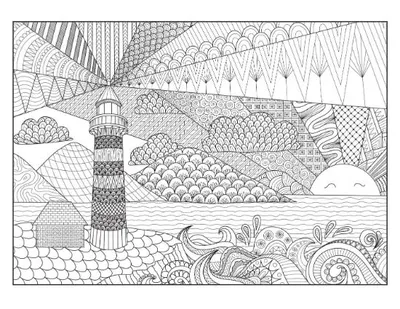 Lighthouse scene with decorative beams, patterned clouds, and intricate ocean waves coloring page.