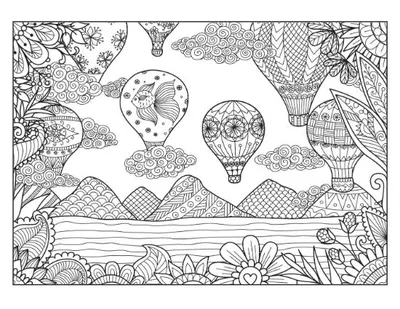 Intricate hot air balloons with a fish floating above mountains and floral borders, coloring page