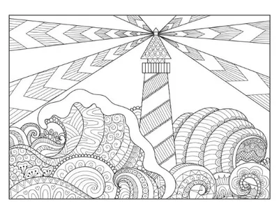 Lighthouse with radiating light and detailed wavy ocean, adult coloring page