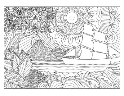 A sailboat on wavy seas under a smiling sun with floral borders coloring page.