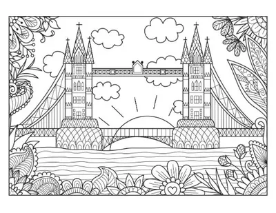 The London Tower Bridge with lush floral borders and sun setting over water coloring page.