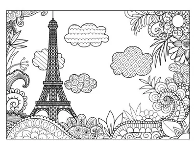 Eiffel Tower adult coloring page with decorative clouds and patterned floral borders coloring page.