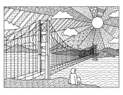 Golden Gate Bridge with intricate patterns, person admiring view, sun and clouds coloring page