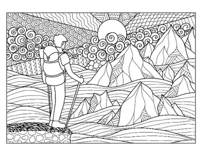 A hiker with backpack and poles amidst mountains under a sun with swirling clouds coloring page.