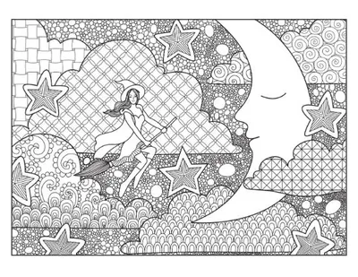 A witch on a broomstick, stars, and a crescent moon with patterns coloring page.