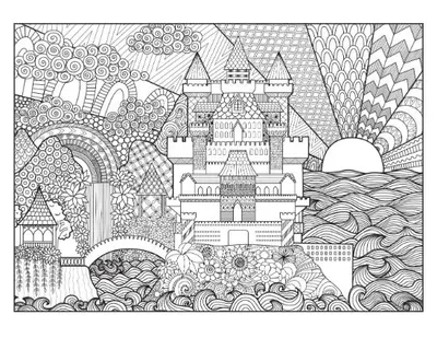 Intricate fantasy castle in a whimsical landscape with a rainbow and sunrise, coloring page.