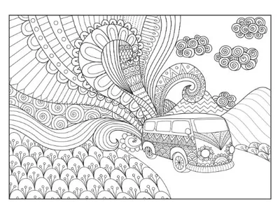 Hippie van driving through detailed swirling patterns and mountains coloring page.