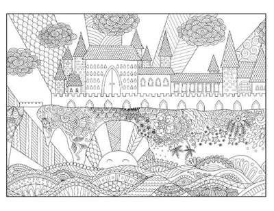 Fanciful castle with patterned towers, flowery landscape, and smiling sun coloring page.