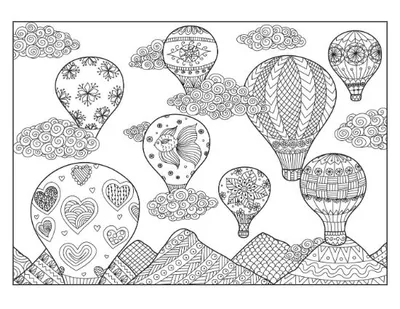 Intricate hot air balloons with diverse patterns float above mountains and clouds coloring page.